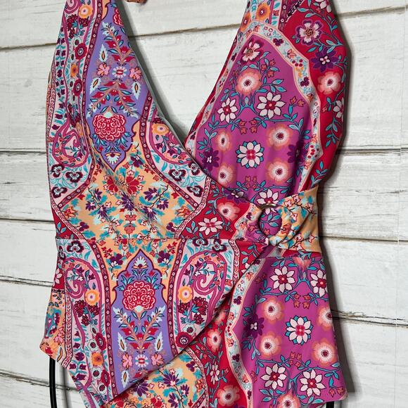 Nanette Lepore One Piece Swimsuit Floral Wrap Halter Size 12 - Picture 8 of 8